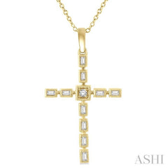 1/5 Ctw Baguette and Round Cut Diamond Cross Pendant With Chain in 10K Yellow Gold