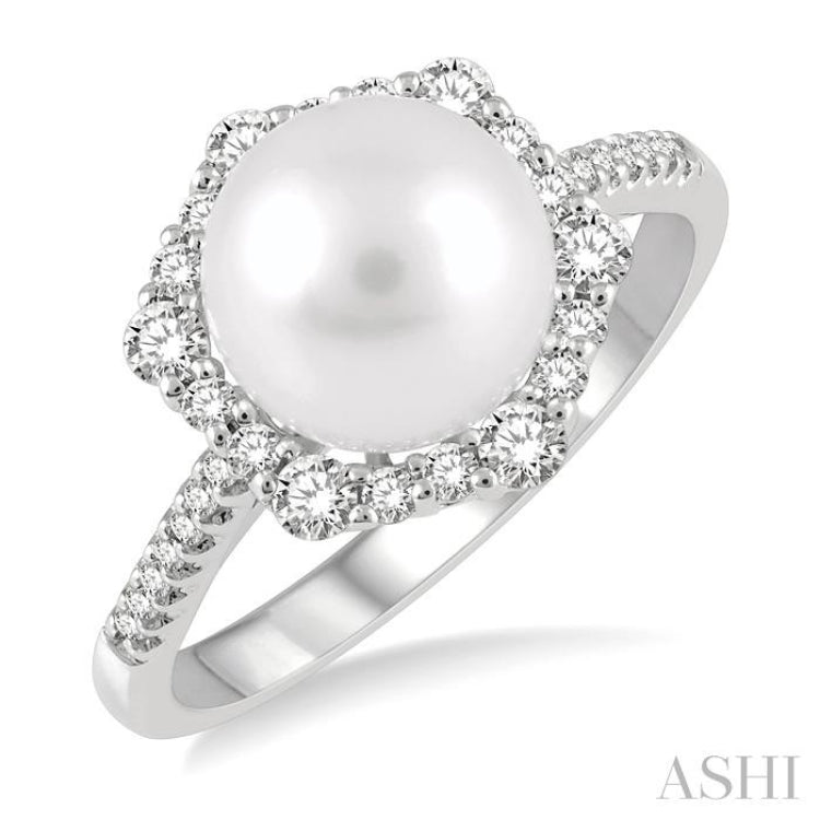 8X8MM Cultured Pearl and 1/3 Ctw Hexagon Shape Round Cut Diamond Ring in 14K White Gold