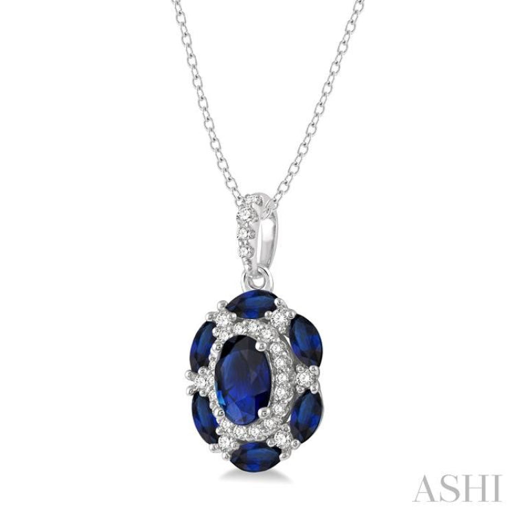 1/6 Ctw Oval 6x4 MM & Marquise 4x2 MM Sapphire and Round Cut Diamond Precious Pendant With Chain in 14K White Gold