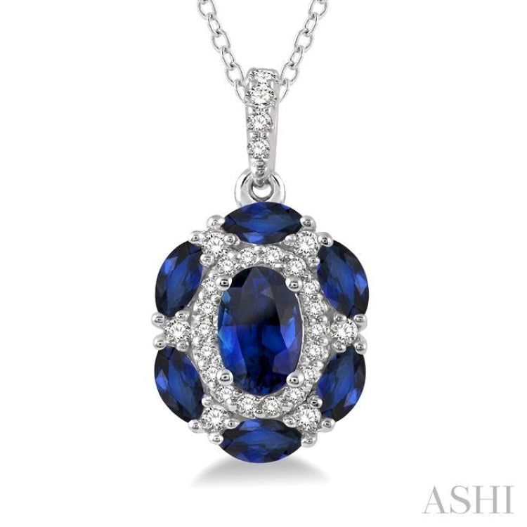 1/6 Ctw Oval 6x4 MM & Marquise 4x2 MM Sapphire and Round Cut Diamond Precious Pendant With Chain in 14K White Gold