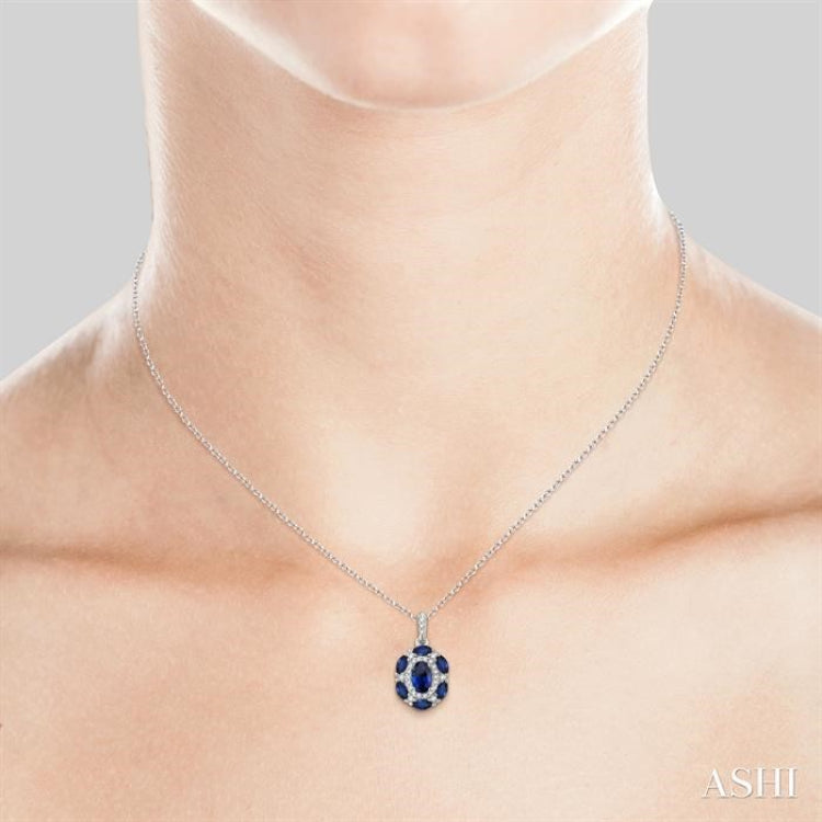 1/6 Ctw Oval 6x4 MM & Marquise 4x2 MM Sapphire and Round Cut Diamond Precious Pendant With Chain in 14K White Gold