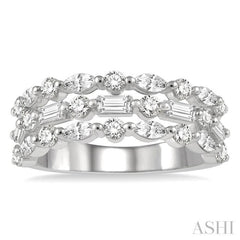 1 1/2 Ctw Triple Row Baguette, Marquise and Round Cut Diamond Fashion Band in 14K White Gold