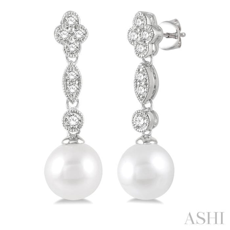 7X7MM Cultured Pearls and 1/3 Ctw Round Cut Diamond Drop Earrings in 14K White Gold