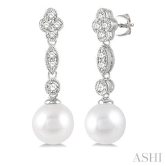 7X7MM Cultured Pearls and 1/3 Ctw Round Cut Diamond Drop Earrings in 14K White Gold