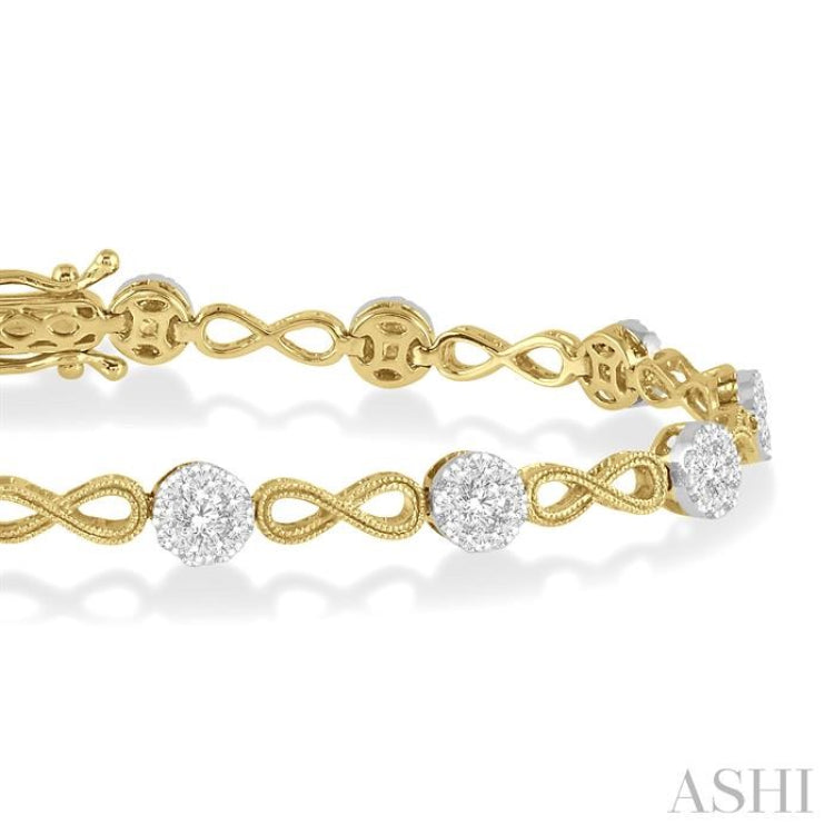 1 1/2 ctw Circular Mount & Infinity Link Lovebright Round Cut Diamond Bracelet in 14K Yellow and White Gold