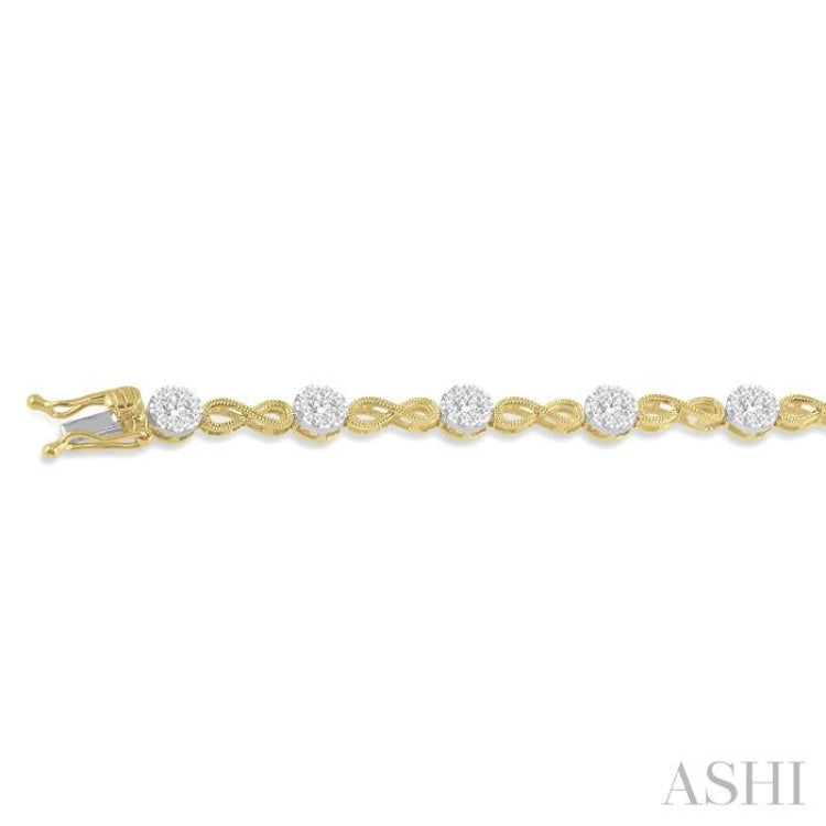 1 1/2 ctw Circular Mount & Infinity Link Lovebright Round Cut Diamond Bracelet in 14K Yellow and White Gold