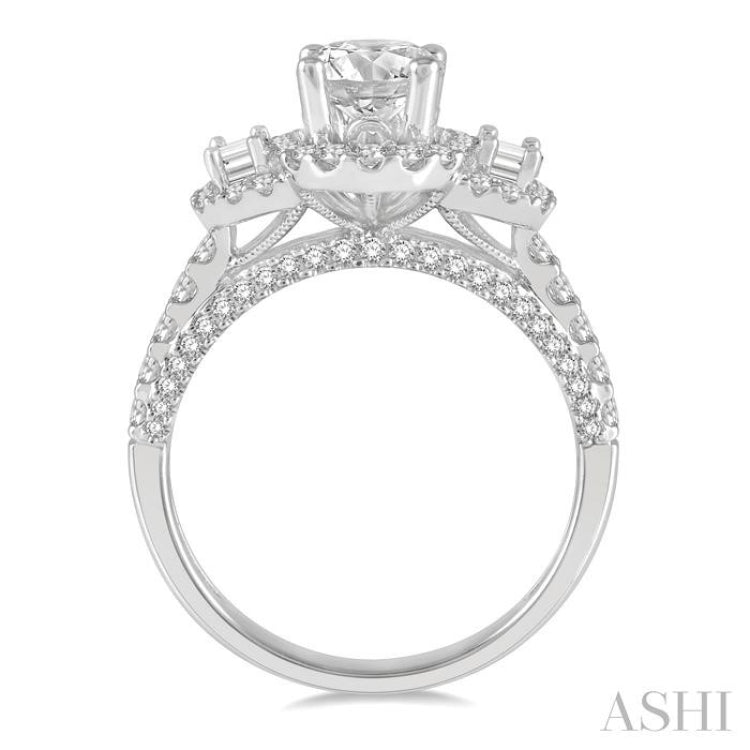 7/8 ctw Oval Shape Tri-Mount Baguette and Round Cut Diamond Semi-Mount Engagement Ring in 14K White Gold