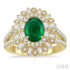 1 Ctw Lattice Oval Shape 8x6 MM Emerald, Baguette and Round Cut Diamond Precious Ring in 14K Yellow Gold