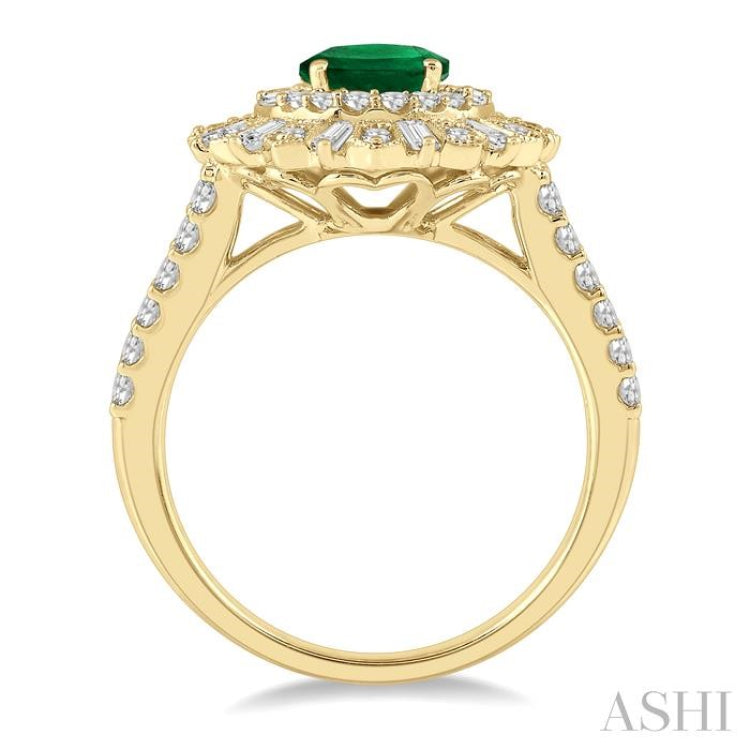 1 Ctw Lattice Oval Shape 8x6 MM Emerald, Baguette and Round Cut Diamond Precious Ring in 14K Yellow Gold