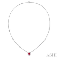 6X4MM Oval Cut Ruby and 1/6 Ctw Round Cut Diamond Necklace in 14K White Gold