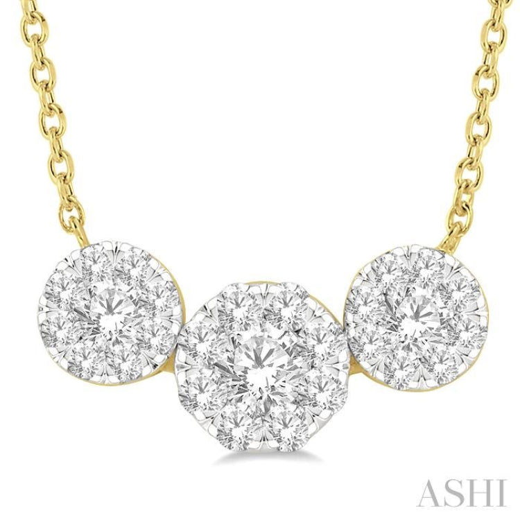 3/4 Ctw 3-Stone Lovebright Round Cut Diamond Necklace in 14K Yellow and White Gold