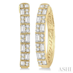 1 ctw Basket Weave Baguette and Round Cut Diamond Hoop Earrings in 14K Yellow Gold