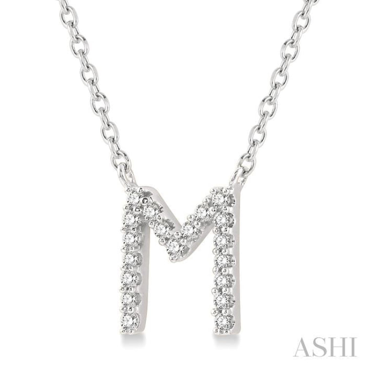 1/20 Ctw Initial 'M' Round Cut Diamond Pendant With Chain in 14K White Gold