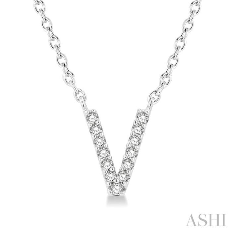 1/20 Ctw Initial 'V' Round Cut Diamond Pendant With Chain in 14K White Gold