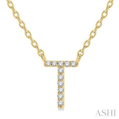 1/20 Ctw Initial 'T' Round Cut Diamond Pendant With Chain in 14K Yellow Gold