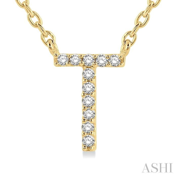 1/20 Ctw Initial 'T' Round Cut Diamond Pendant With Chain in 14K Yellow Gold