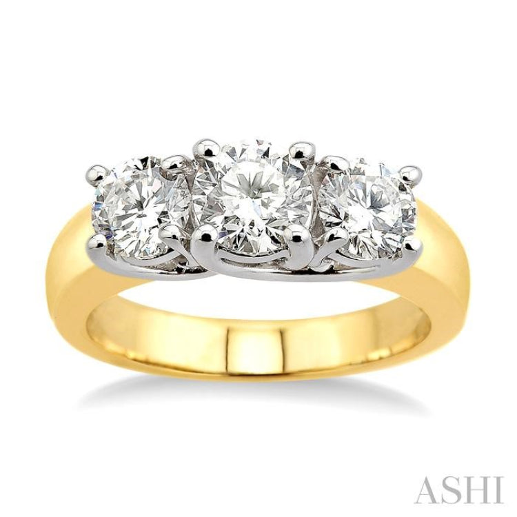 2 Ctw Three Stone Round Cut Diamond Ring in 14K Yellow and White Gold