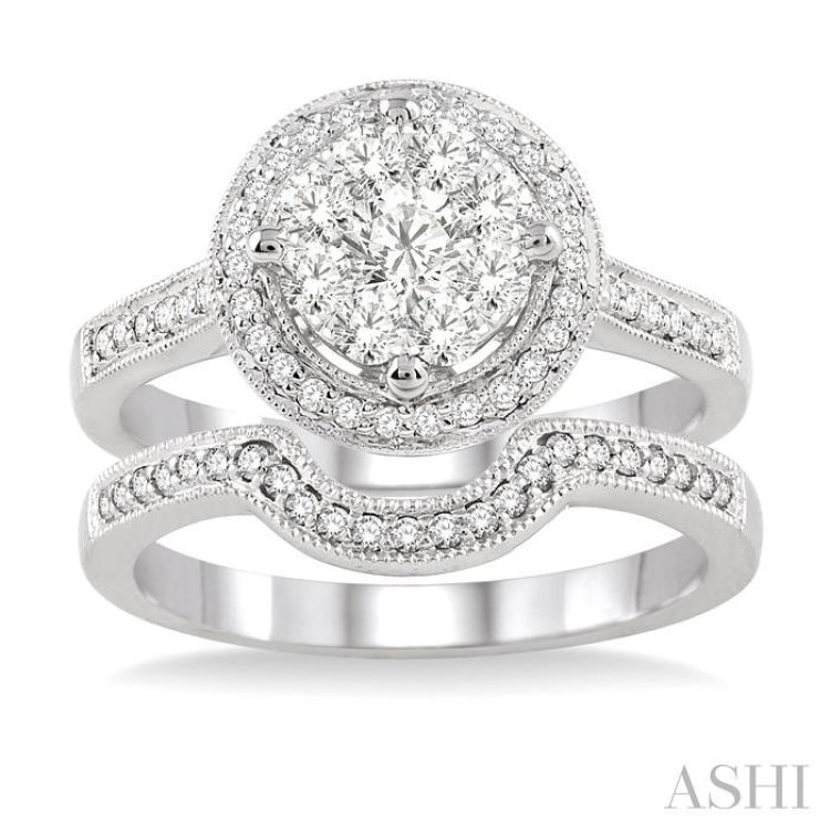 3/4 Ctw Diamond Wedding Set with 5/8 Ctw Lovebright Diamond Engagement Ring and 1/10 Ctw Wedding Band in 14K White Gold