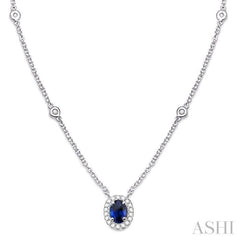 6X4MM Oval Cut Sapphire and 1/6 Ctw Round Cut Diamond Precious Necklace in 14K White Gold