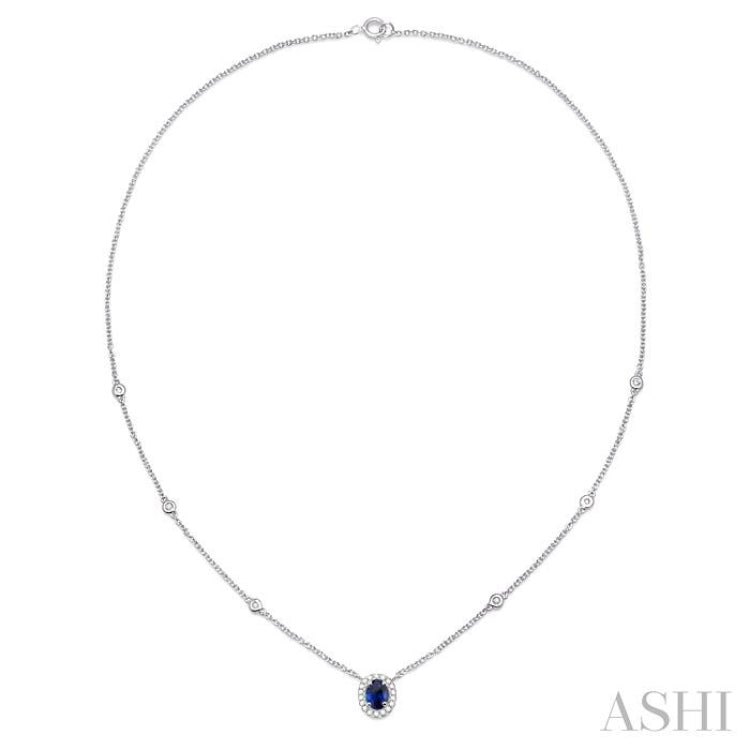 6X4MM Oval Cut Sapphire and 1/6 Ctw Round Cut Diamond Precious Necklace in 14K White Gold