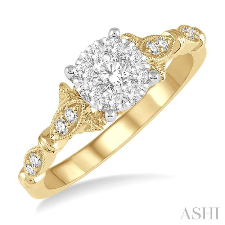 1/2 ctw Marquise Shank Circular Mount Lovebright Round Cut Diamond Ring in 14K Yellow and White gold