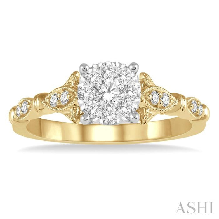 1/2 ctw Marquise Shank Circular Mount Lovebright Round Cut Diamond Ring in 14K Yellow and White gold