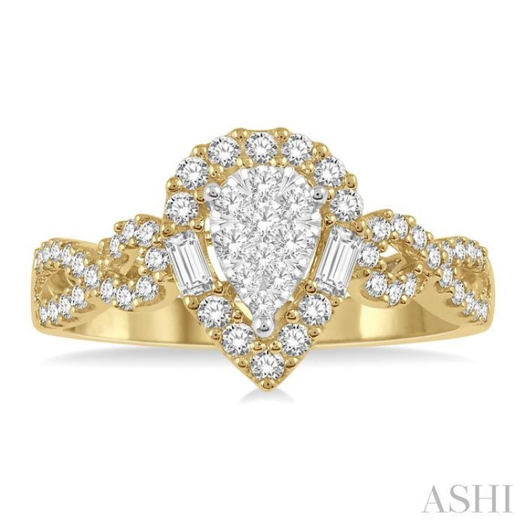 1/2 Ctw Pear Shape Bow Shank Lovebright Round and Baguette Diamond Ring in 14K Yellow and White gold