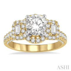 7/8 ctw Circular Tri-Mount Baguette and Round Cut Diamond Semi-Mount Engagement Ring in 14K Yellow and White gold