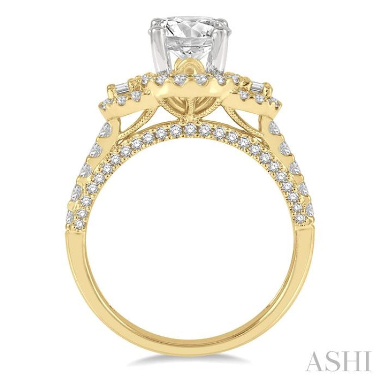 7/8 ctw Circular Tri-Mount Baguette and Round Cut Diamond Semi-Mount Engagement Ring in 14K Yellow and White gold