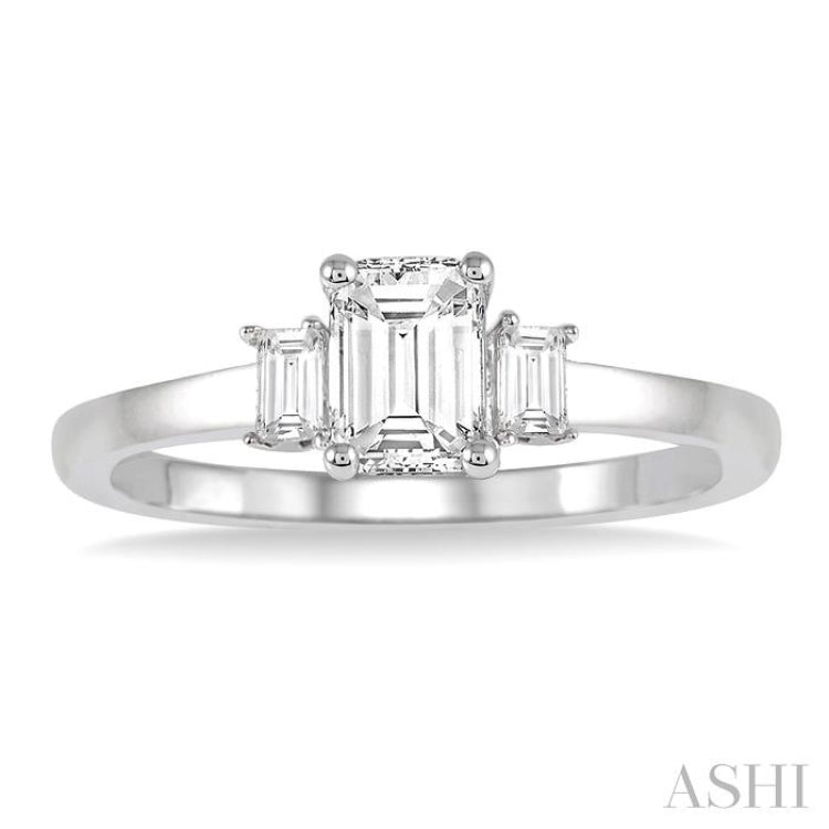 5/8 Ctw Emerald and Baguette Diamond Engagement Ring with 1/2 Ct Emerald cut Center Stone in 14K White Gold