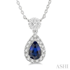 1/3 ctw Pear Cut 6X4MM Sapphire and Round Cut Diamond Lovebright Precious Necklace in 14K White Gold