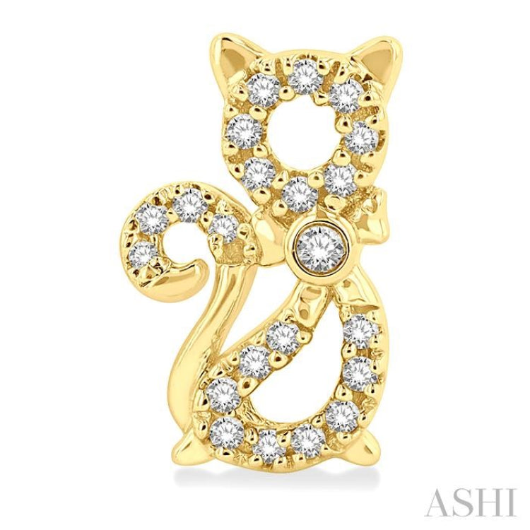 1/8 ctw Petite Cat Motif Round Cut Diamond Fashion Stud Earring in 10K Yellow Gold