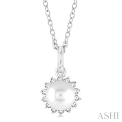 6 MM Round Shape Cultured Pearl and 1/10 Ctw Petite Round Cut Diamond Fashion Pendant With Chain in 10K White Gold