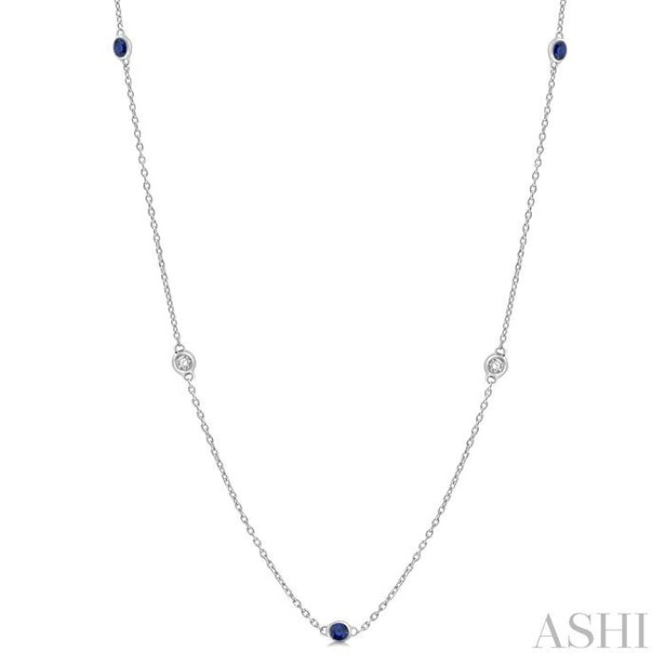 1/6 ctw Round Cut Diamond and 1.75MM Sapphire Precious Station Necklace in 14K White Gold