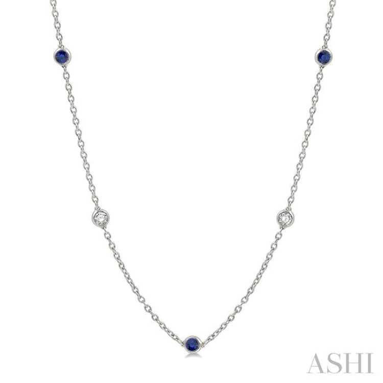 1/2 ctw Round Cut Diamond and 2.85MM Sapphire Precious Station Necklace in 14K White Gold