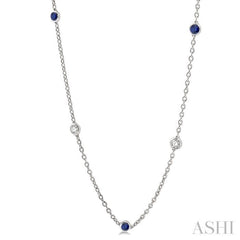 1/2 ctw Round Cut Diamond and 2.85MM Sapphire Precious Station Necklace in 14K White Gold