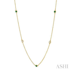 3/8 ctw Round Cut Diamond and 2.6MM Emerald Precious Station Necklace in 14K Yellow Gold