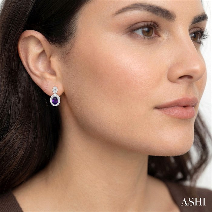 7X5 MM Oval Cut Amethyst and 1/20 Ctw Round Cut Diamond Semi-Precious Earrings in Sterling Silver
