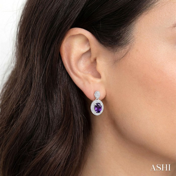 7X5 MM Oval Cut Amethyst and 1/20 Ctw Round Cut Diamond Semi-Precious Earrings in Sterling Silver