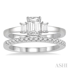 3/4 ctw Diamond Wedding Set With 5/8 ctw Octagonal & Baguette Engagement Ring and 1/8 ctw Round Cut Diamond Wedding Band in 14K White Gold