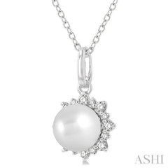 6 MM Round Shape Cultured Pearl and 1/10 Ctw Petite Sun Round Cut Diamond Fashion Pendant With Chain in 10K White Gold