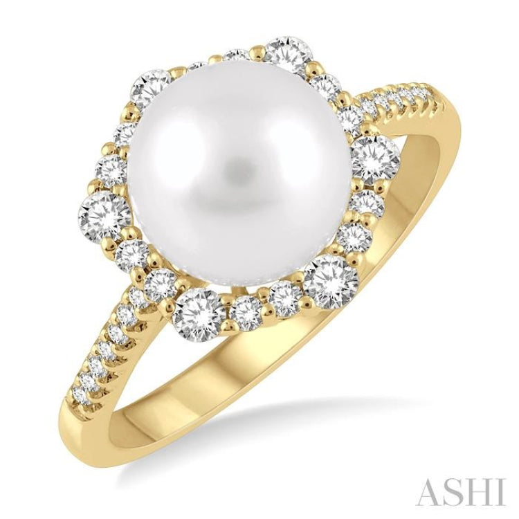 8X8MM Cultured Pearl and 1/3 Ctw Hexagon Shape Round Cut Diamond Ring in 14K Yellow Gold