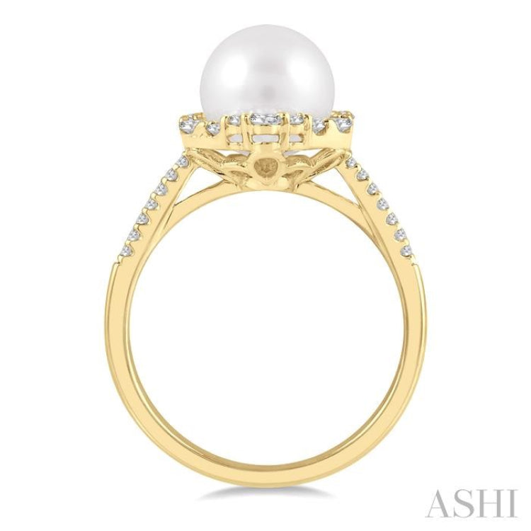 8X8MM Cultured Pearl and 1/3 Ctw Hexagon Shape Round Cut Diamond Ring in 14K Yellow Gold