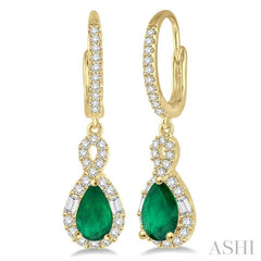 6X4MM Pear Cut Emerald and 1/2 Ctw Round Cut Diamond Precious Earrings in 14K Yellow Gold