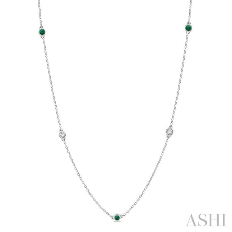 3/8 ctw Round Cut Diamond and 2.6MM Emerald Precious Station Necklace in 14K White Gold