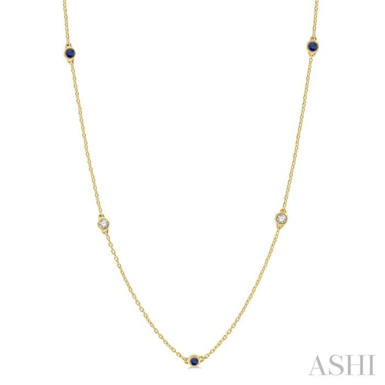 3/8 ctw Round Cut Diamond and 2.6MM Sapphire Precious Station Necklace in 14K Yellow Gold