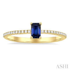 1/10 ctw Petite 5x3 MM Emerald Shape Sapphire and Round Cut Diamond Precious Fashion Ring in 10K Yellow Gold