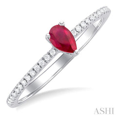 1/10 ctw Petite 5x3 MM Pear Cut Ruby and Round Cut Diamond Precious Fashion Ring in 10K White Gold