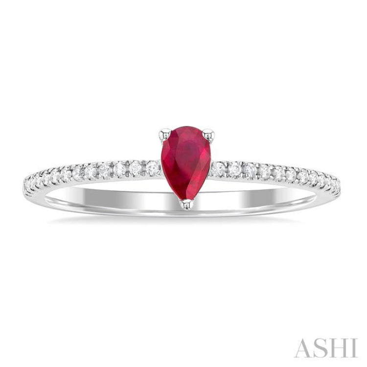 1/10 ctw Petite 5x3 MM Pear Cut Ruby and Round Cut Diamond Precious Fashion Ring in 10K White Gold