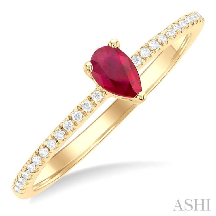 1/10 ctw Petite 5x3 MM Pear Cut Ruby and Round Cut Diamond Precious Fashion Ring in 10K Yellow Gold